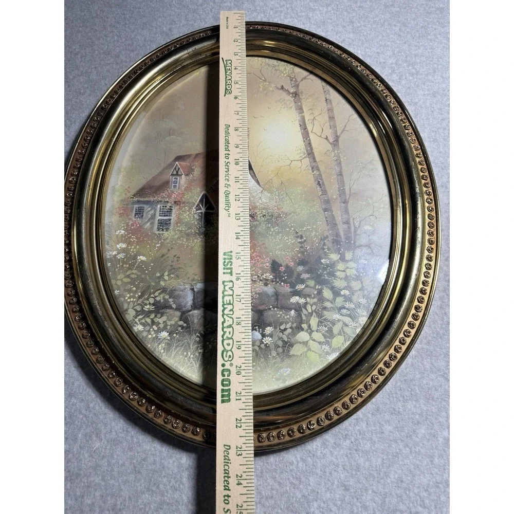 Vintage Syroco 1982 Oval Gold Plastic Picture Frame Cottage In Forest Birch Tree